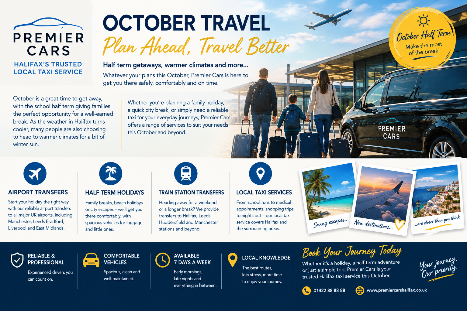 Planning a half-term getaway? Whether you're chasing some late sunshine or heading away for a UK break, start your journey stress-free with Premier Cars.
